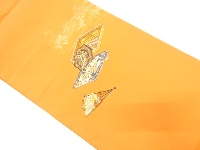 鏡裏に扇・簪・草花模様織り出し　名古屋帯